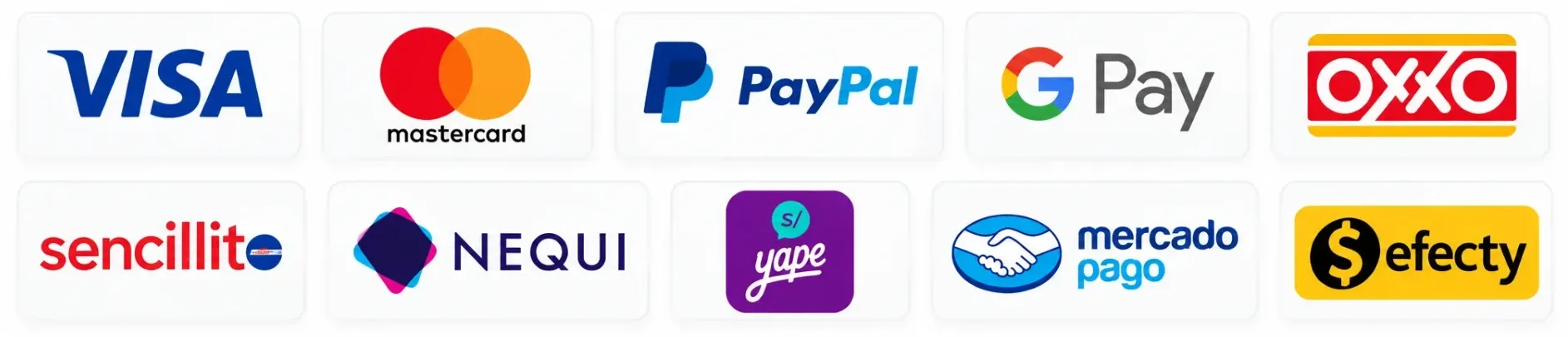 Métodos de pago: Visa, Mastercard, PayPal, Google Pay, OXXO, Sencillito, Nequi, Yape, Mercado Pago y Efecty